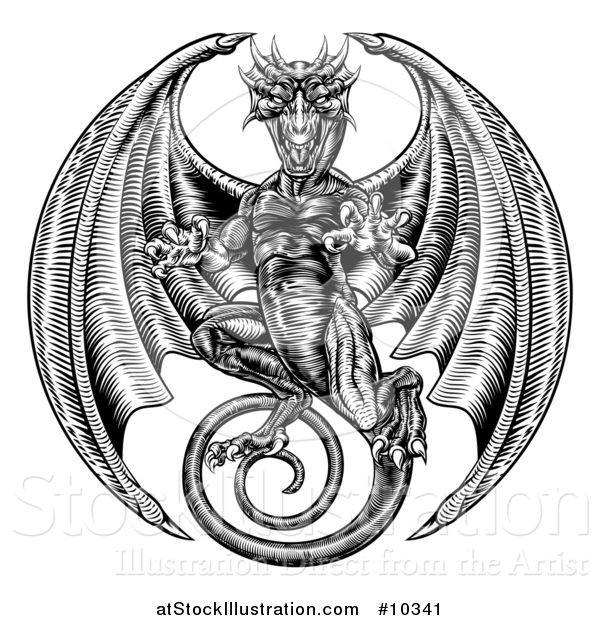 Vector Illustration of a Black and White Woodcut Dragon