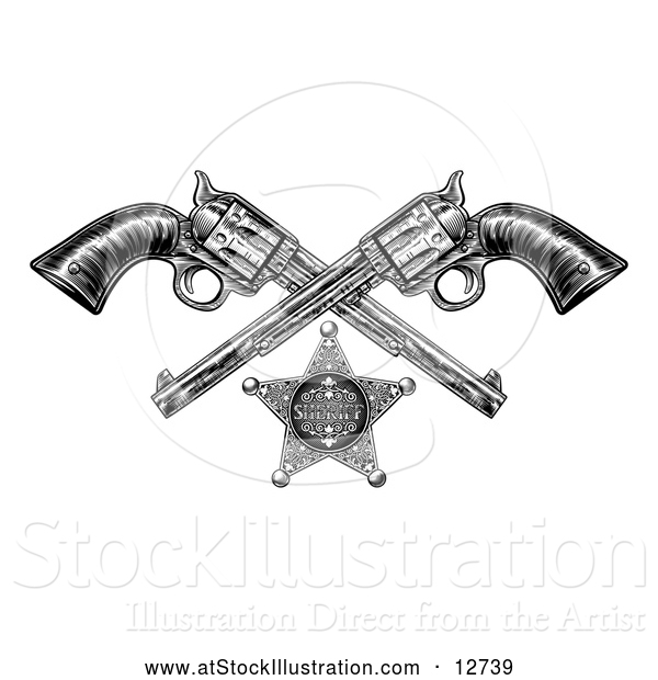 Vector Illustration of a Black and White Woodcut Etched or Engraved Sheriff Star and Crossed Vintage Revolver Pistols