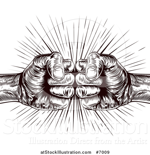 Vector Illustration of a Black and White Woodcut Fitsts Punching Together