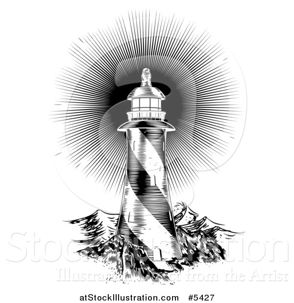 Vector Illustration of a Black and White Woodcut Lighthouse with a Shining Light