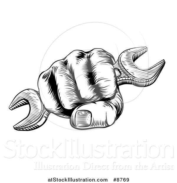 Vector Illustration of a Black and White Woodcut or Engraved Fisted Hand Holding a Spanner Wrench