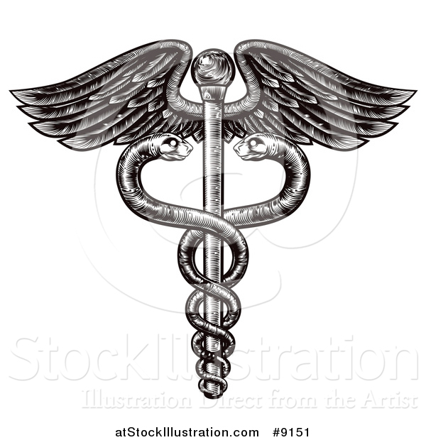 Vector Illustration of a Black and White Woodcut or Engraved Medical Caduceus with Snakes on a Winged Rod