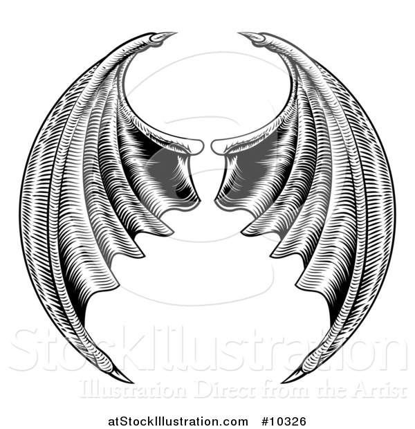 Vector Illustration of a Black and White Woodcut or Engraved Pair of Bat or Dragon Wings
