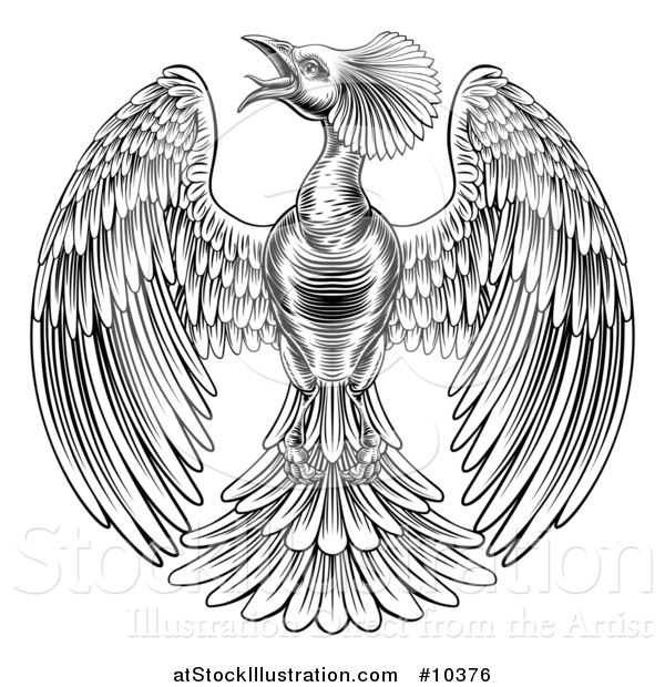 Vector Illustration of a Black and White Woodcut or Engraved Phoenix Firebird