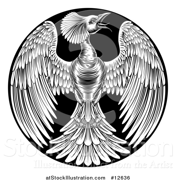 Vector Illustration of a Black and White Woodcut or Engraved Phoenix Firebird in a Circle