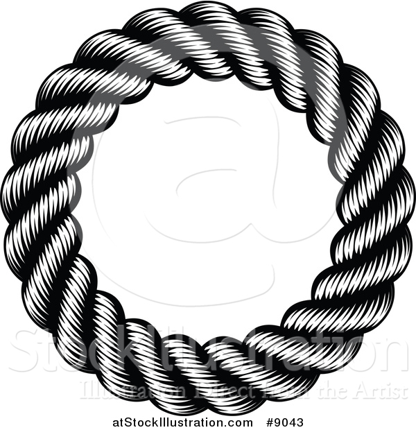 Vector Illustration of a Black and White Woodcut or Engraved Round Nautical Rope Frame