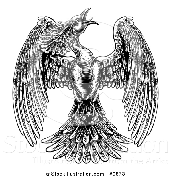 Vector Illustration of a Black and White Woodcut or Engraved Styled Phoenix Firebird