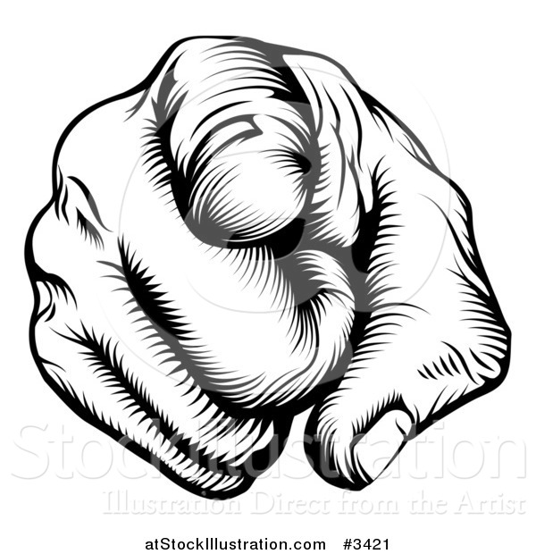 Vector Illustration of a Black and White Woodcut Outward Pointing Hand