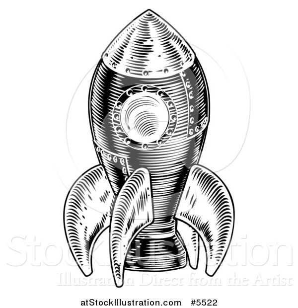 Vector Illustration of a Black and White Woodcut Rocket