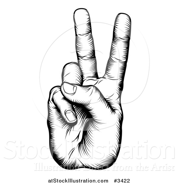 Vector Illustration of a Black and White Woodcut Victory Hand