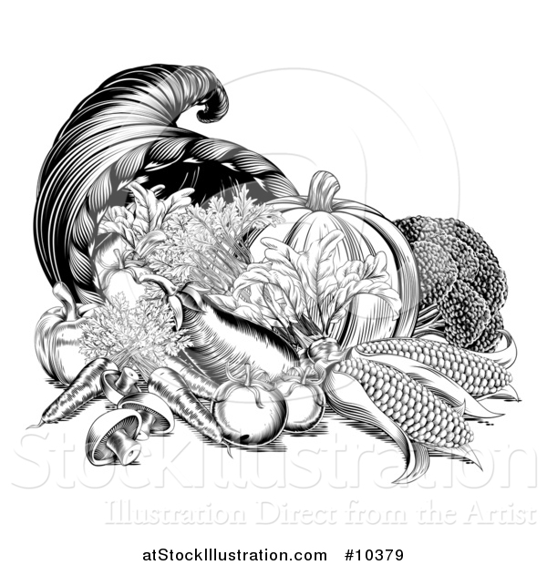 Vector Illustration of a Black and White Woodcut Vintage Horn of Plenty Cornucopia with Produce