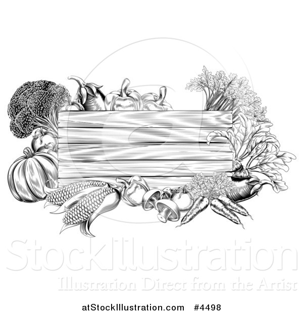 Vector Illustration of a Black and White Wooden Sign with Produce