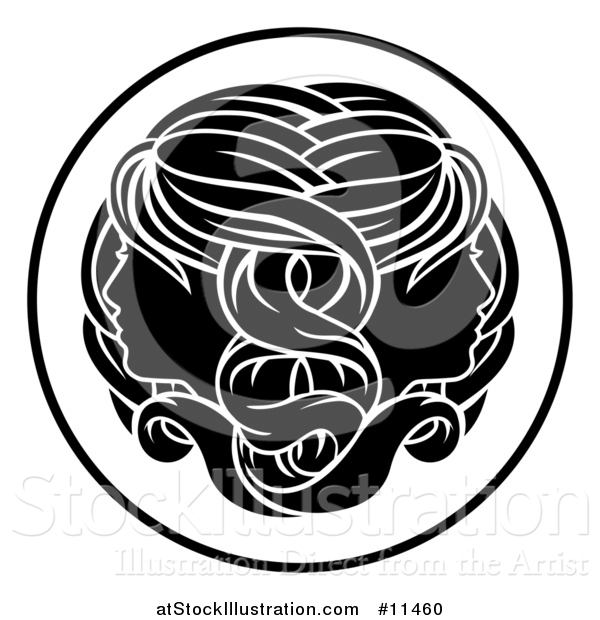 Vector Illustration of a Black and White Zodiac Horoscope Astrology Gemini Twins Circle Design