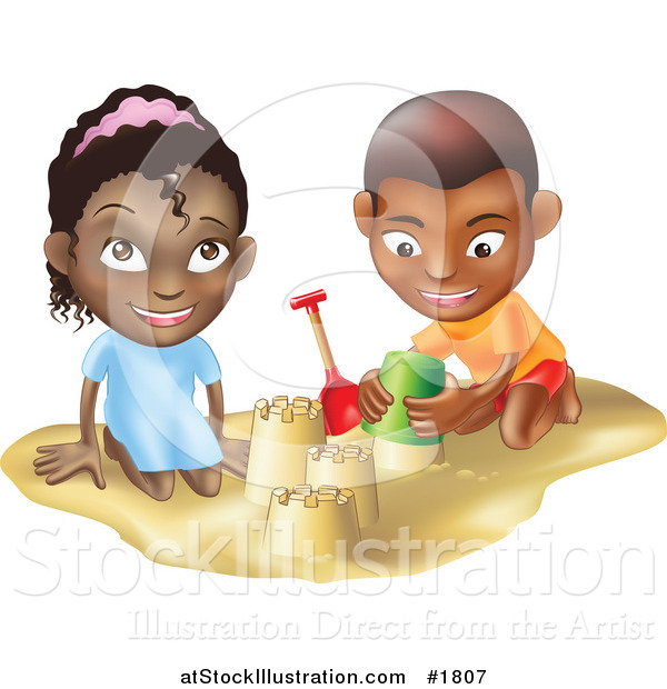 Vector Illustration of a Black Boy and Girl Building Sand Castles Together