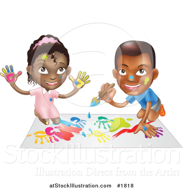 Vector Illustration of a Black Boy and Girl Hand Painting and Painting Together