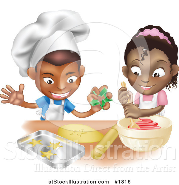 Vector Illustration of a Black Boy and Girl Making Cookies Together