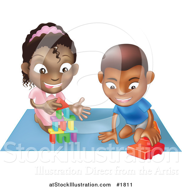 Vector Illustration of a Black Boy and Girl Playing with Toys on a Floor Together