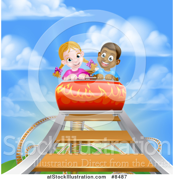 Vector Illustration of a Black Boy and White Girl on a Roller Coaster Ride, Against a Blue Sky with Clouds