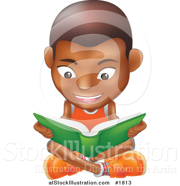 Vector Illustration of a Black Boy Sitting on a Floor and Reading a Green Book