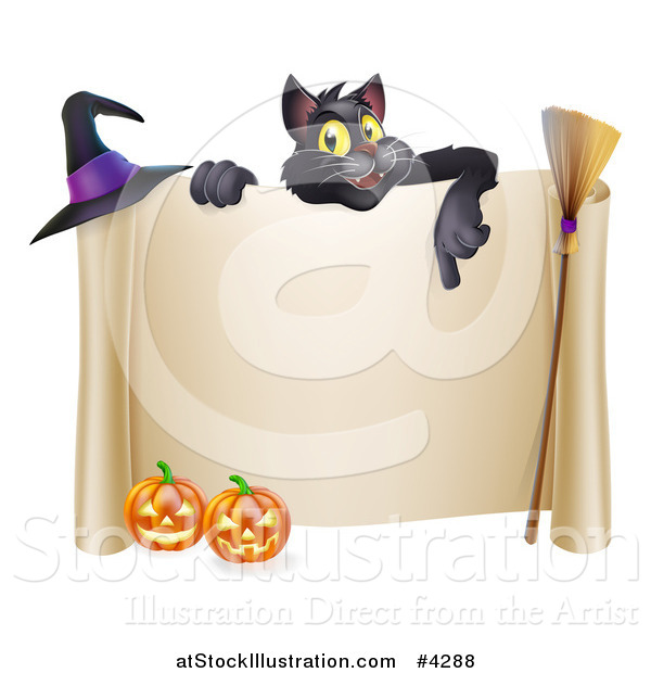Vector Illustration of a Black Cat over a Scroll Sign with a Witch Hat Broomstick and Halloween Pumpkins