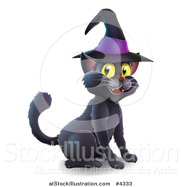 Vector Illustration of a Black Cat Wearing a Witch Hat and Sitting