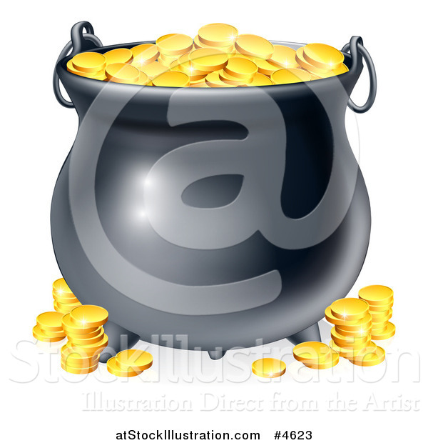 Vector Illustration of a Black Cauldron with Gold Coins