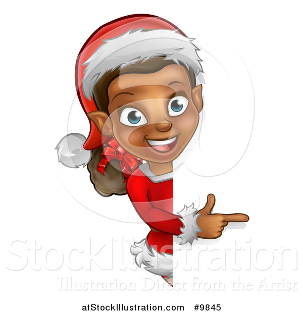 Vector Illustration of a Black Female Christmas Elf Pointing Around a Sign