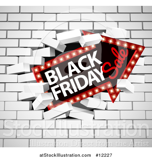 Vector Illustration of a Black Friday Sale Arrow Marquee Sign Breaking Through a White Brick Wall