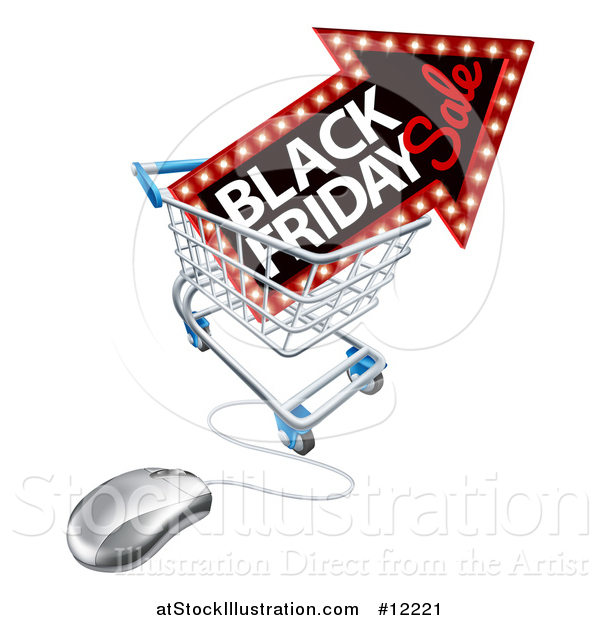 Vector Illustration of a Black Friday Sale Arrow Marquee Sign in a Shopping Cart with a Computer Mouse