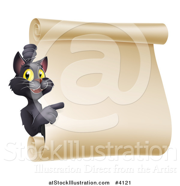 Vector Illustration of a Black Halloween Cat Pointing to a Scroll Sign