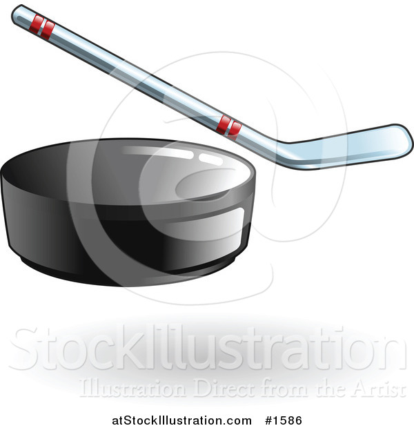 Vector Illustration of a Black Hockey Puck Flying Forward, a Hockey Stick in the Background