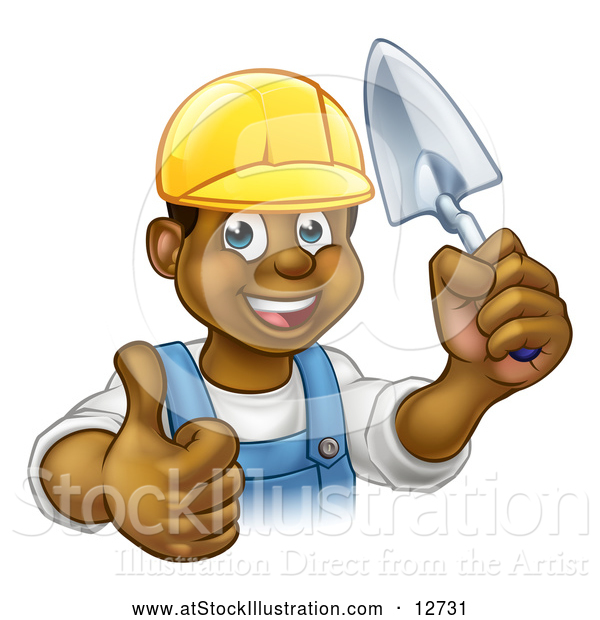 Vector Illustration of a Black Male Mason Worker Holding a Trowel and Giving a Thumb up