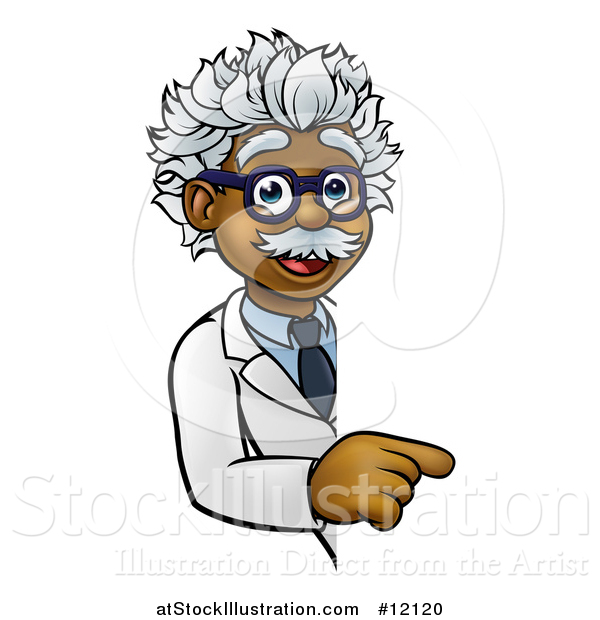 Vector Illustration of a Black Male Scientist Pointing down Around a Sign