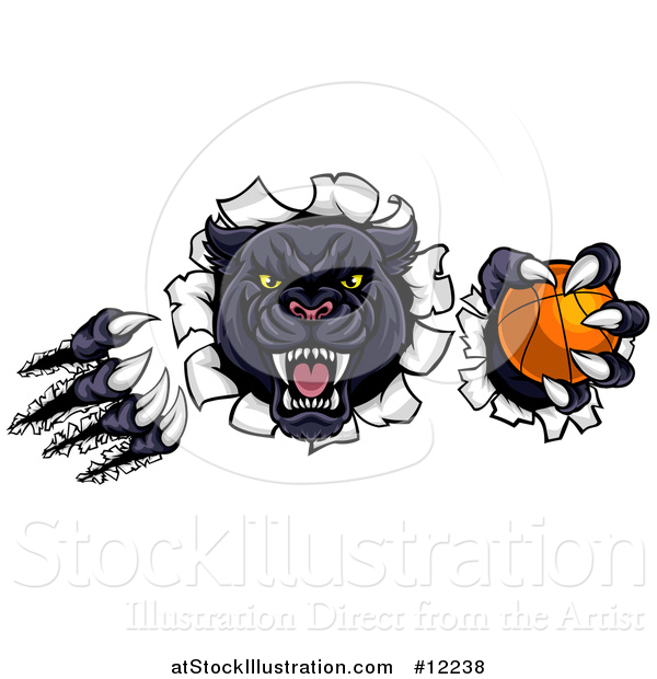 Vector Illustration of a Black Panther Mascot Shredding Through a Wall with a Basketball