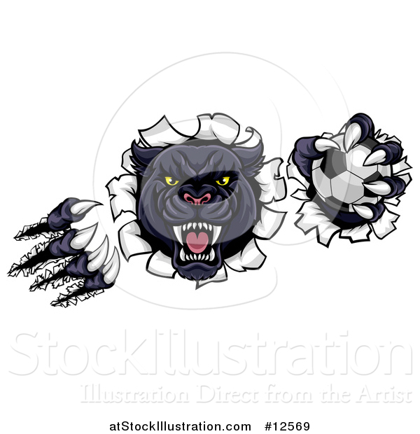 Vector Illustration of a Black Panther Mascot Shredding Through a Wall with a Soccer Ball