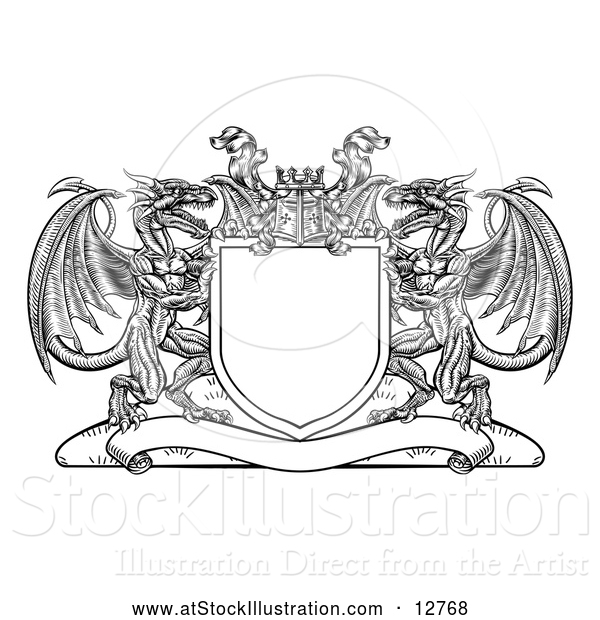 Vector Illustration of a Black Shield Crest with Dragons and a Knights Helmet