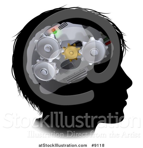 Vector Illustration of a Black Silhouetted Boy's Face with 3d Gear Cogs Visible in His Brain