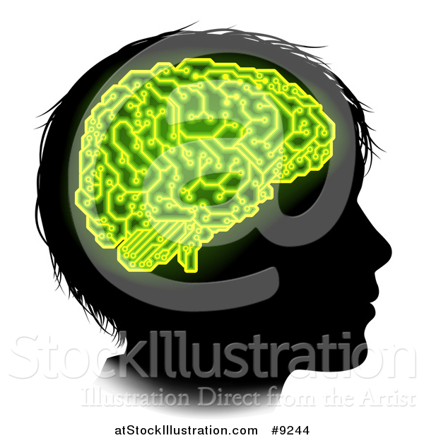 Vector Illustration of a Black Silhouetted Boy's Head in Profile, with Green Glowing Circuit Brain