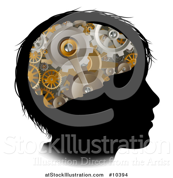 Vector Illustration of a Black Silhouetted Boy's Head with 3d Gear Cogs Visible in His Brain