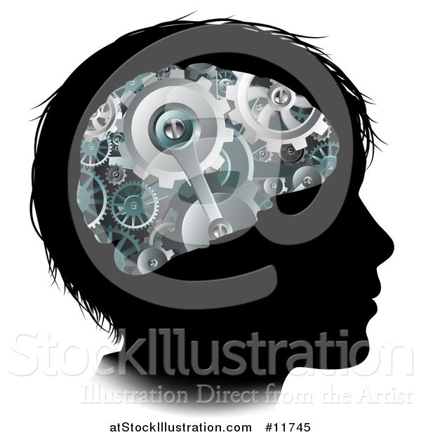 Vector Illustration of a Black Silhouetted Boy's Head with 3d Gear Cogs Visible in His Brain