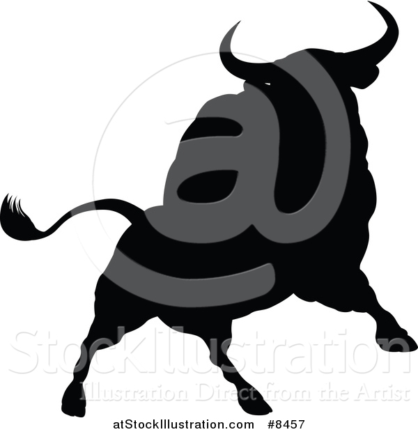 Vector Illustration of a Black Silhouetted Bull Charging