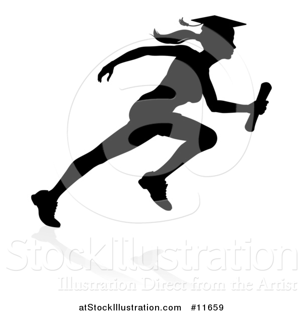 Vector Illustration of a Black Silhouetted Female Graduate Running a Race, with a Shadow