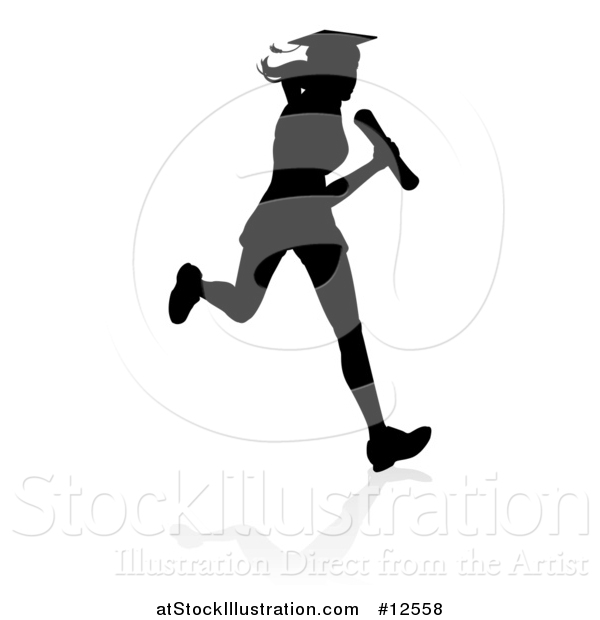 Vector Illustration of a Black Silhouetted Female Graduate Running a Race, with a Shadow