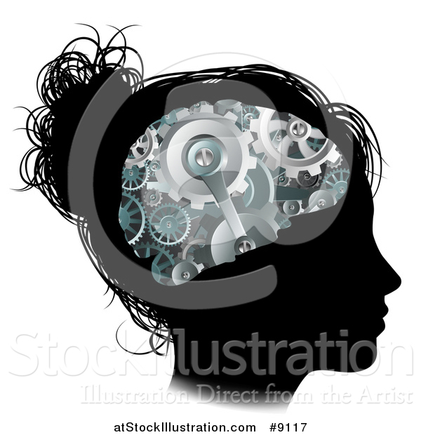Vector Illustration of a Black Silhouetted Girl's Face with 3d Gear Cogs Visible in Her Brain