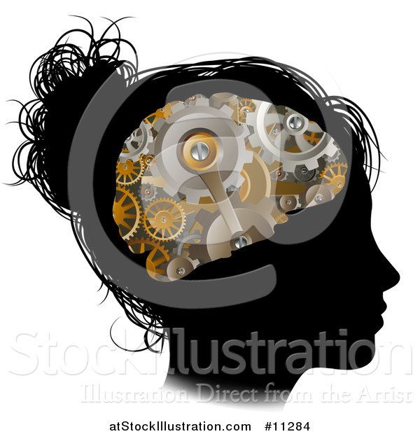 Vector Illustration of a Black Silhouetted Girl's Head in Profile with a Gear Brain