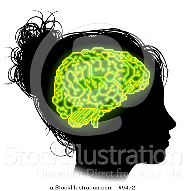 Vector Illustration of a Black Silhouetted Girl's Head in Profile, with Green Glowing Circuit Brain