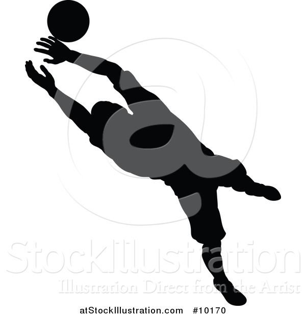 Vector Illustration of a Black Silhouetted Male Soccer Player Goal Keeper Catching the Ball