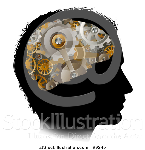 Vector Illustration of a Black Silhouetted Man's Head with 3d Gear Cogs Visible in His Brain