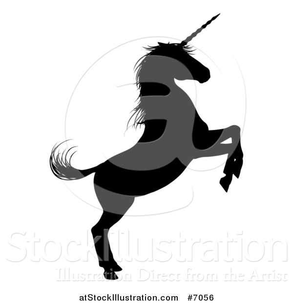Vector Illustration of a Black Silhouetted Rearing Unicorn in Profile, Facing Right