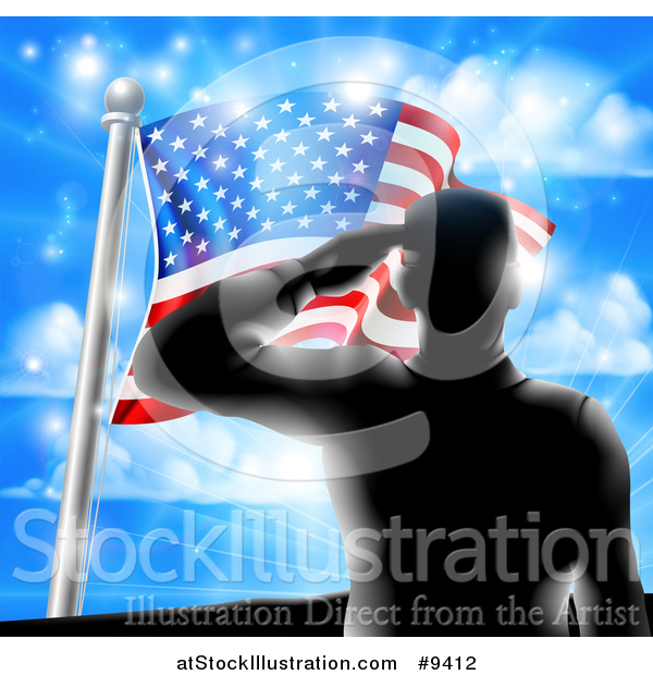 Vector Illustration of a Black Silhouetted Solder Saluting on a Hill Top over an American Flag and Sky
